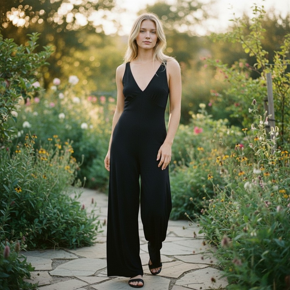 Fashion Nova Jumpsuit Women Large Black Wide Leg V-Neck Open Back Evening